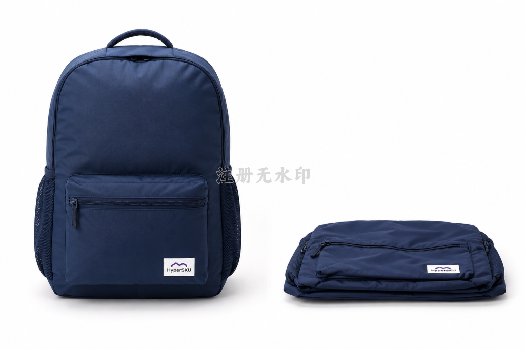 DG Fulfill helps customers remove backpack filling and fold the bag flat to reduce package volume and lower dimensional weight shipping costs. Side-by-side comparison shows the same navy blue backpack in a fully stuffed upright state and a compressed folded state on a white background.